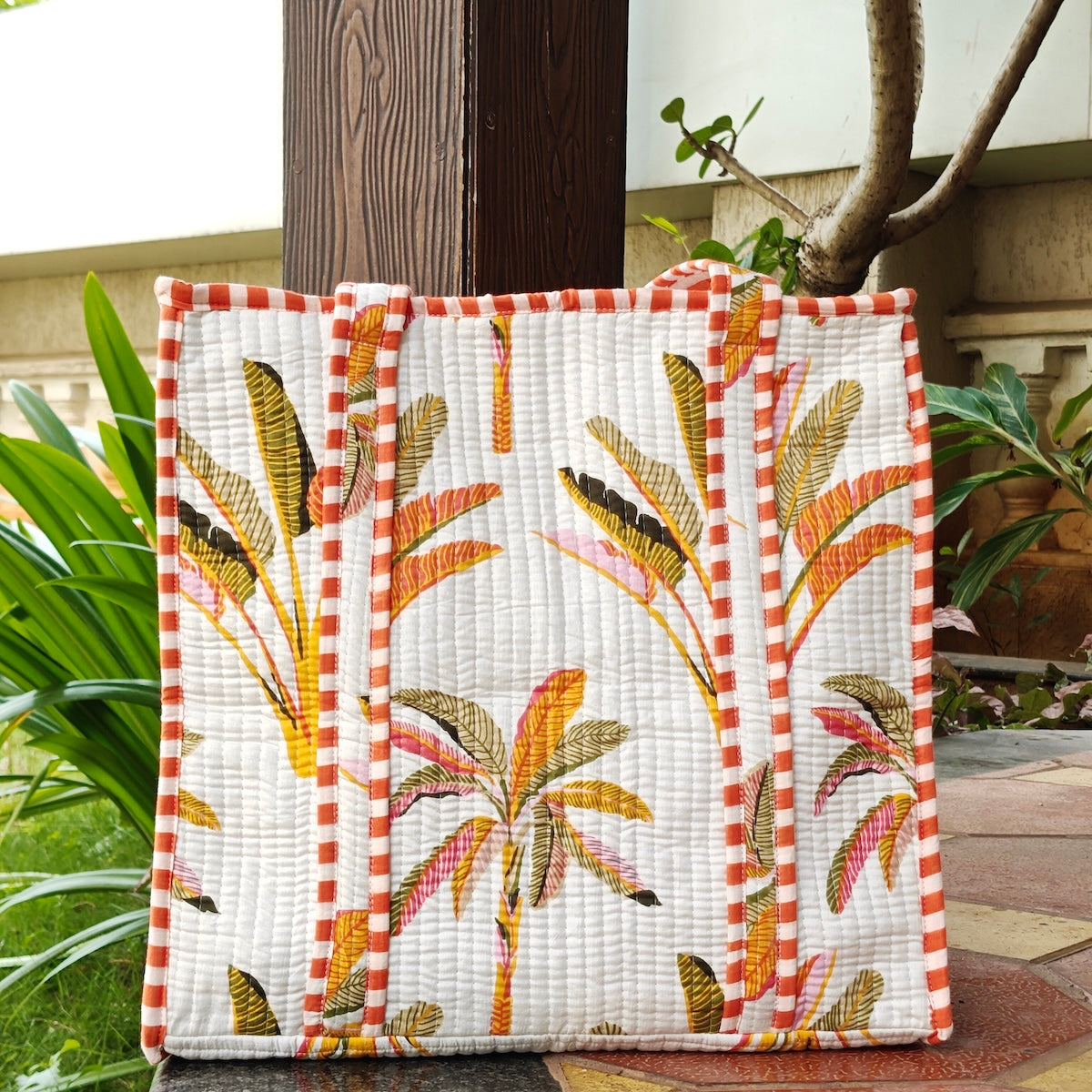 Hand Block Palm Printed Quilted Tote Bag Offwhite Size 16"x16"