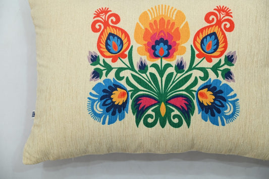 Decorative Polska Floral Print Art Silk Chenille Weave Offwhite Lumbar Cushion Cover Size 12"x18"