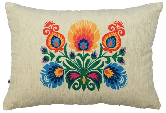 Decorative Polska Floral Print Art Silk Chenille Weave Offwhite Lumbar Cushion Cover Size 12"x18"