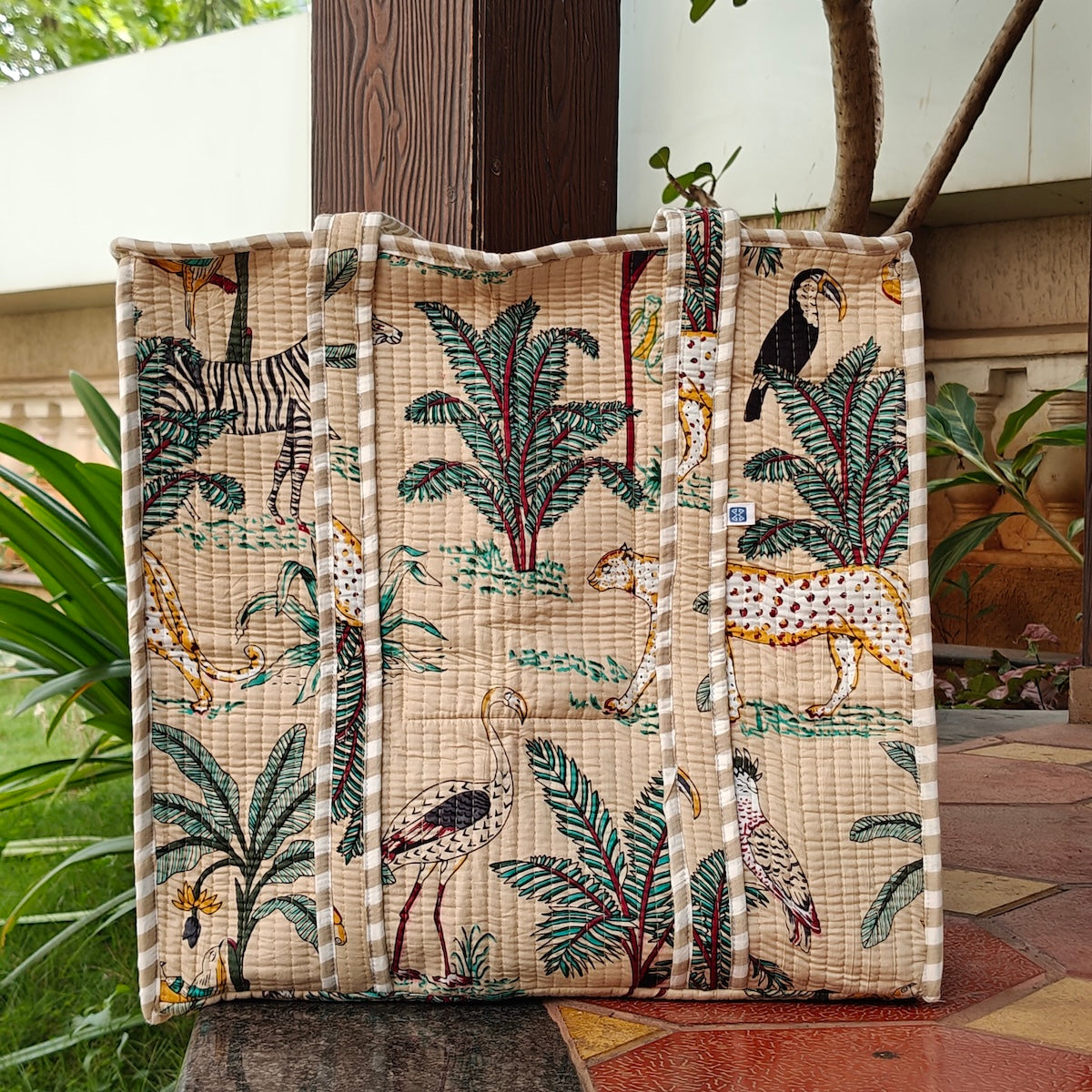 Hand Block Tropical Printed Quilted Tote Bag Bliss Cream Size 18"x18"