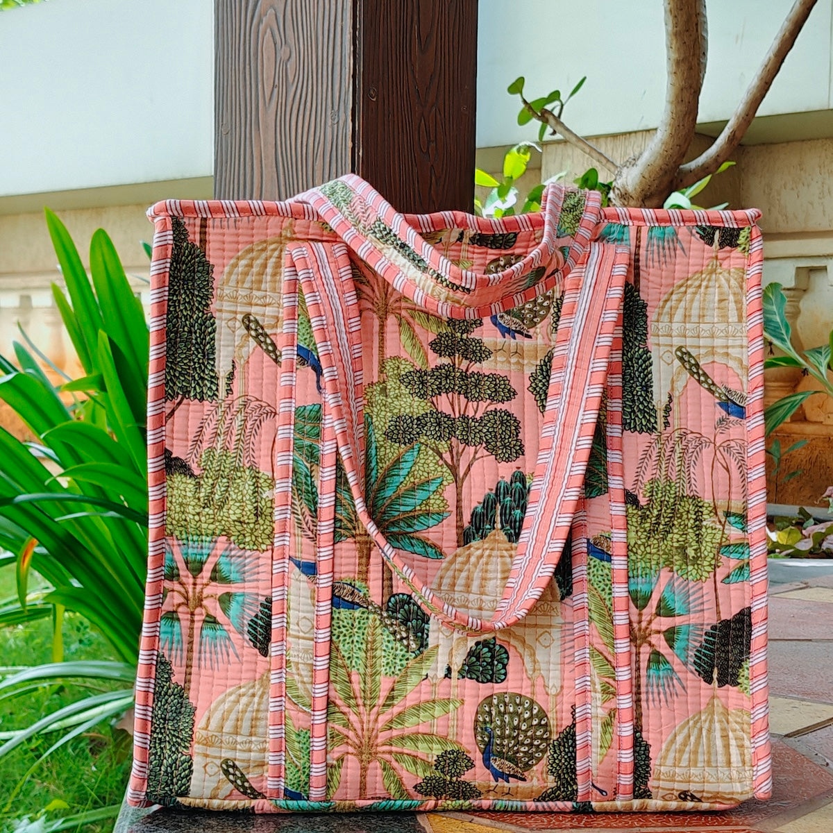 Hand Block Heritage Printed Quilted Tote Bag Peach Size 16"x16"