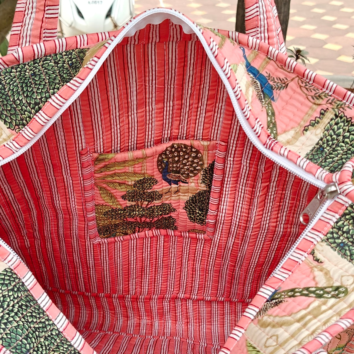 Hand Block Heritage Printed Quilted Tote Bag Peach Size 16"x16"