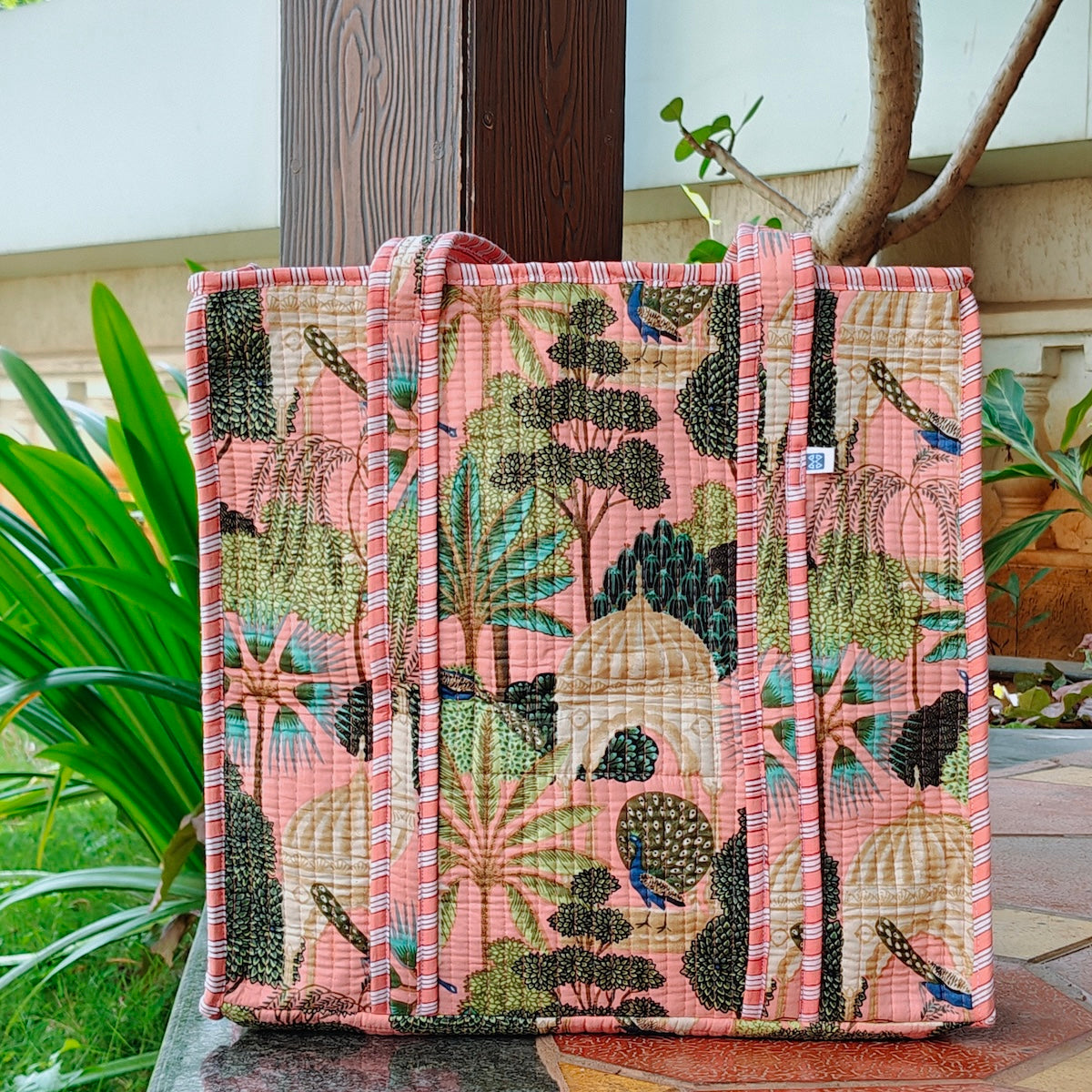 Hand Block Heritage Printed Quilted Tote Bag Peach Size 16"x16"