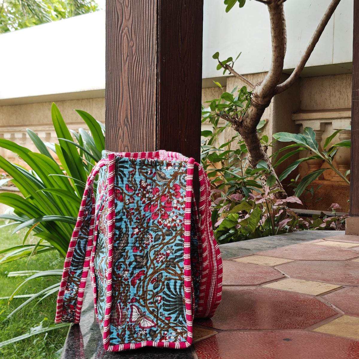 Hand Block Floral Printed Quilted Tote Bag Blue & Pink Size 14"x14"
