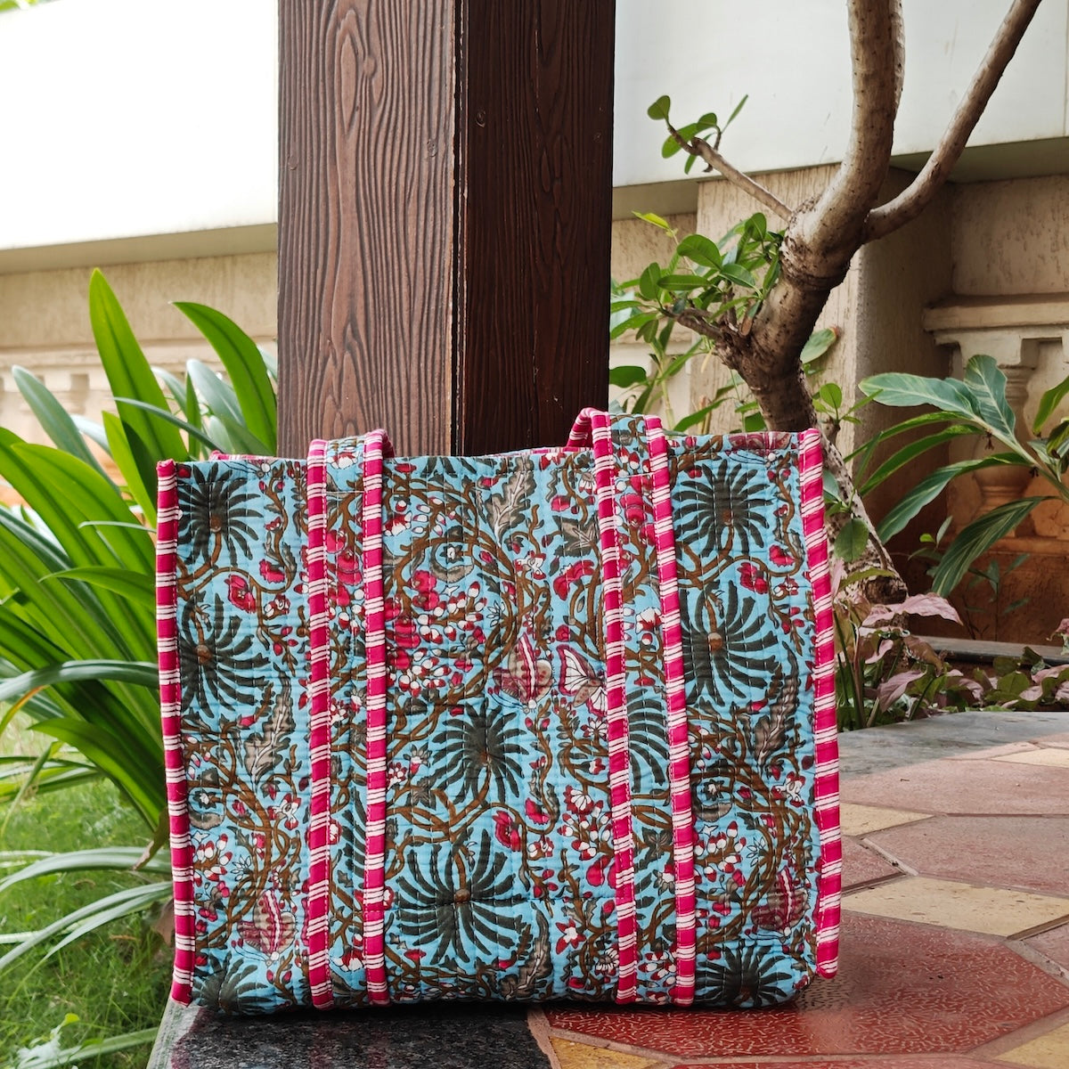 Hand Block Floral Printed Quilted Tote Bag Blue & Pink Size 14"x14"