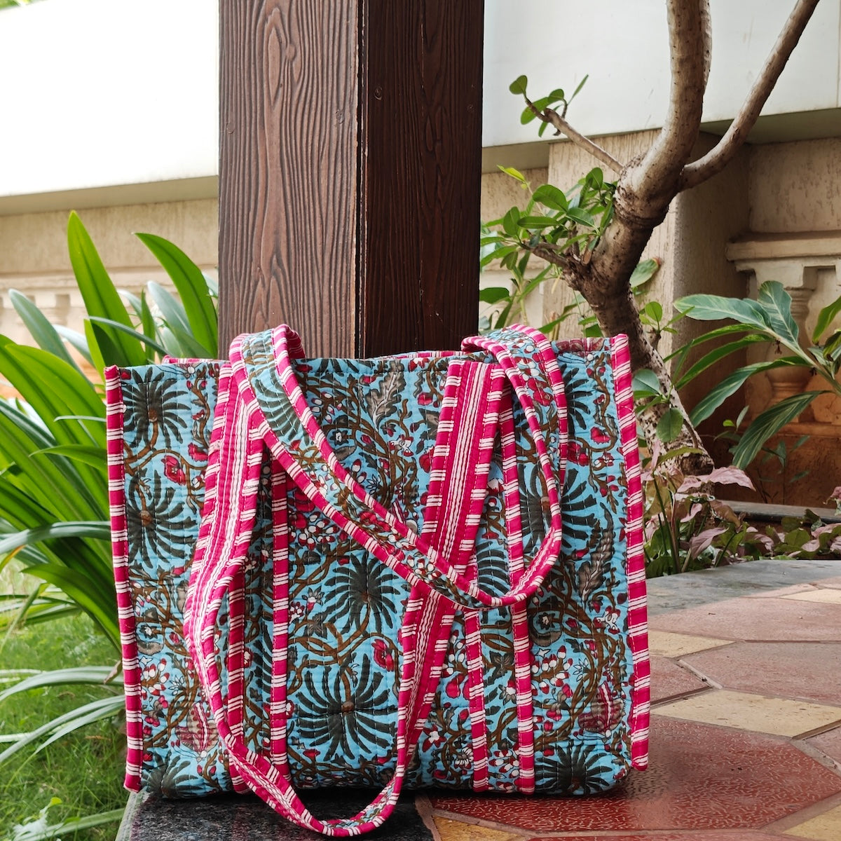 Hand Block Floral Printed Quilted Tote Bag Blue & Pink Size 14"x14"