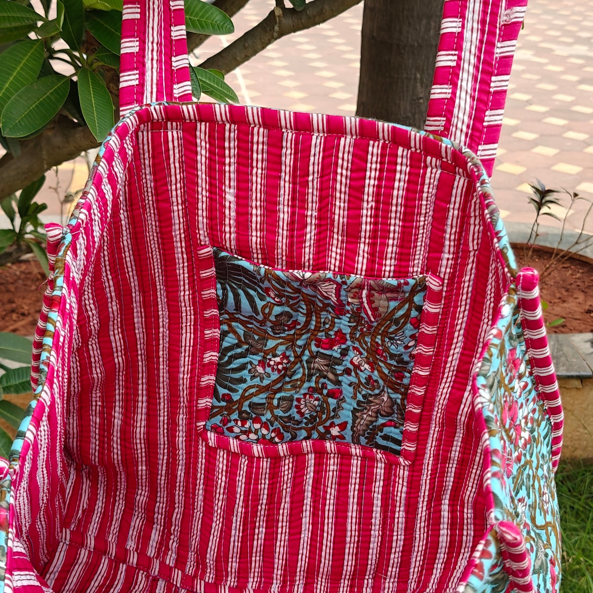 Hand Block Floral Printed Quilted Tote Bag Blue & Pink Size 14"x14"