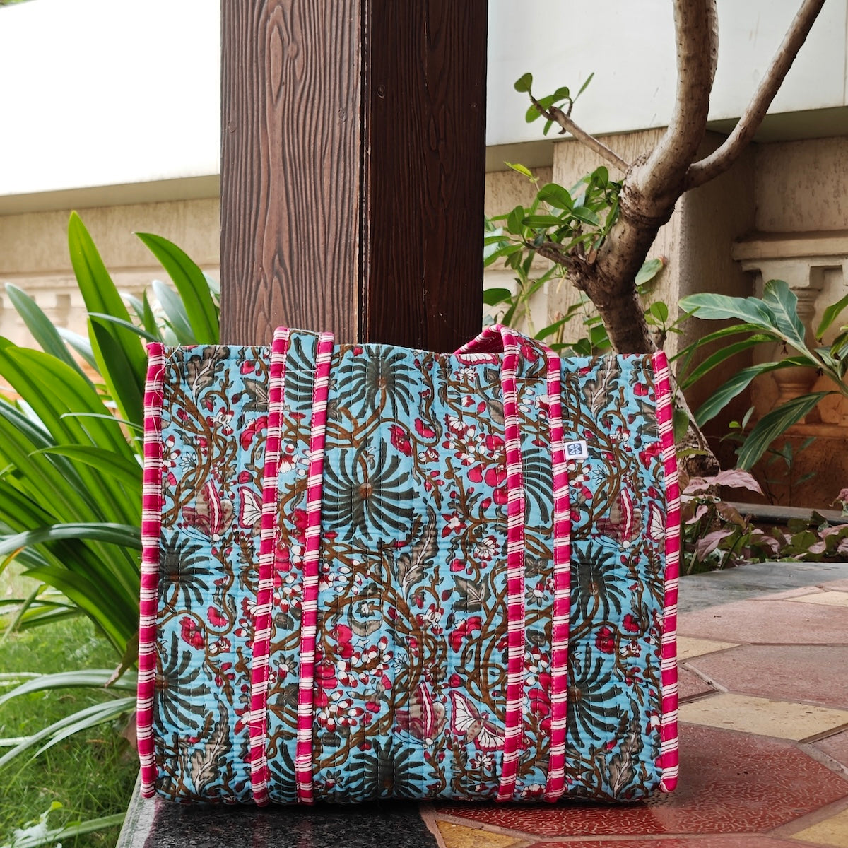 Hand Block Floral Printed Quilted Tote Bag Blue & Pink Size 14"x14"