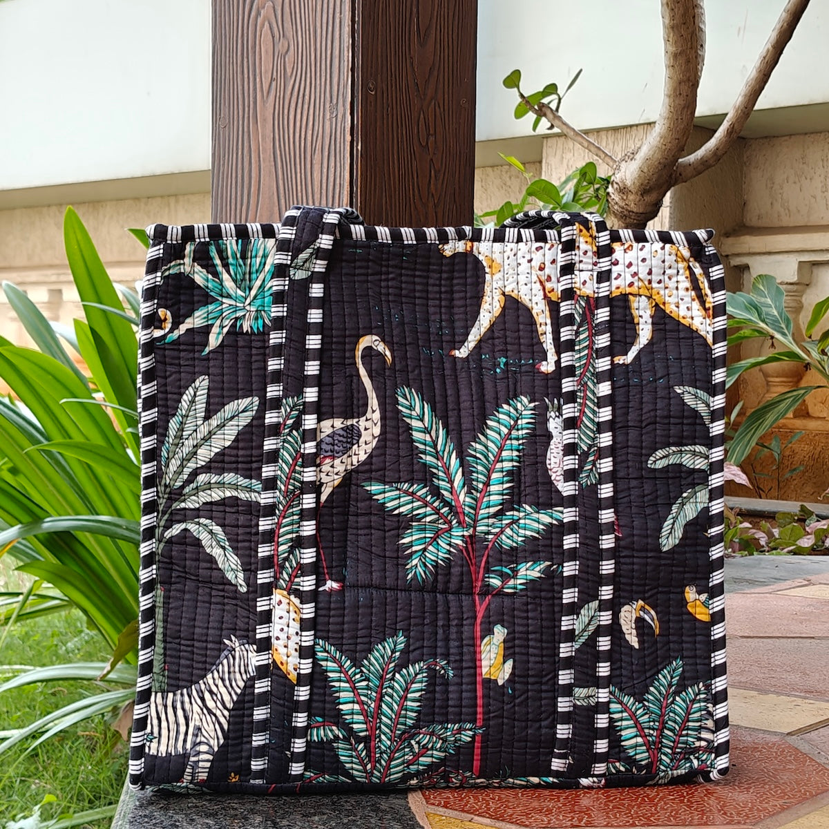 Hand Block Tropical Printed Quilted Tote Bag Black Size 16"x16"