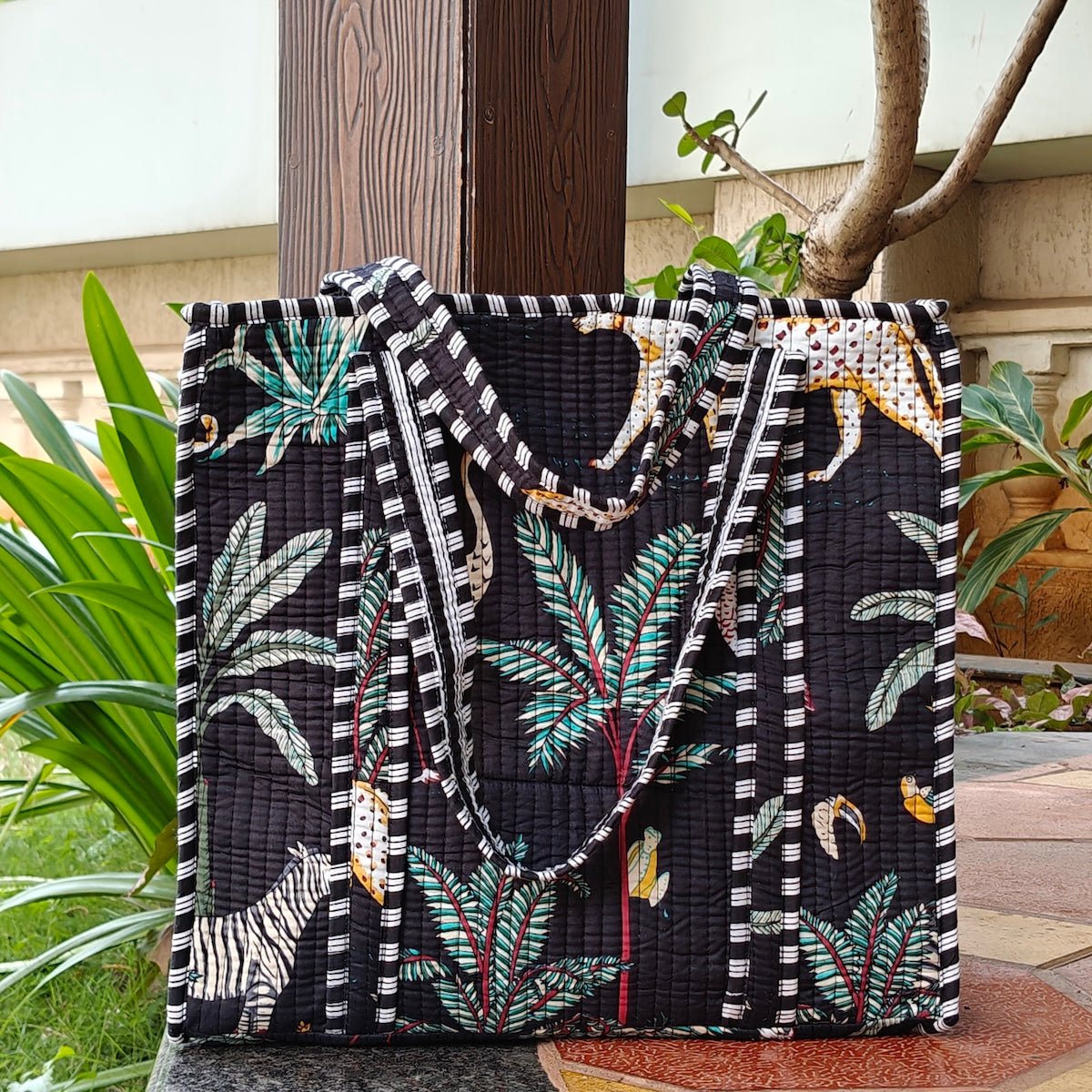 Hand Block Tropical Printed Quilted Tote Bag Black Size 16"x16"