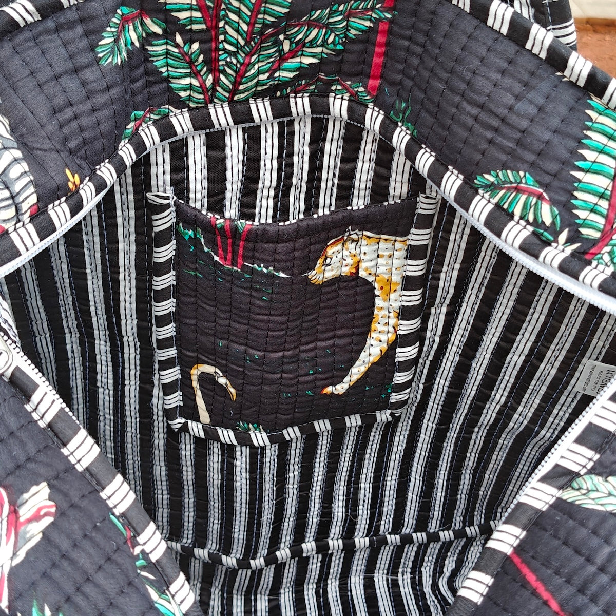 Hand Block Tropical Printed Quilted Tote Bag Black Size 16"x16"