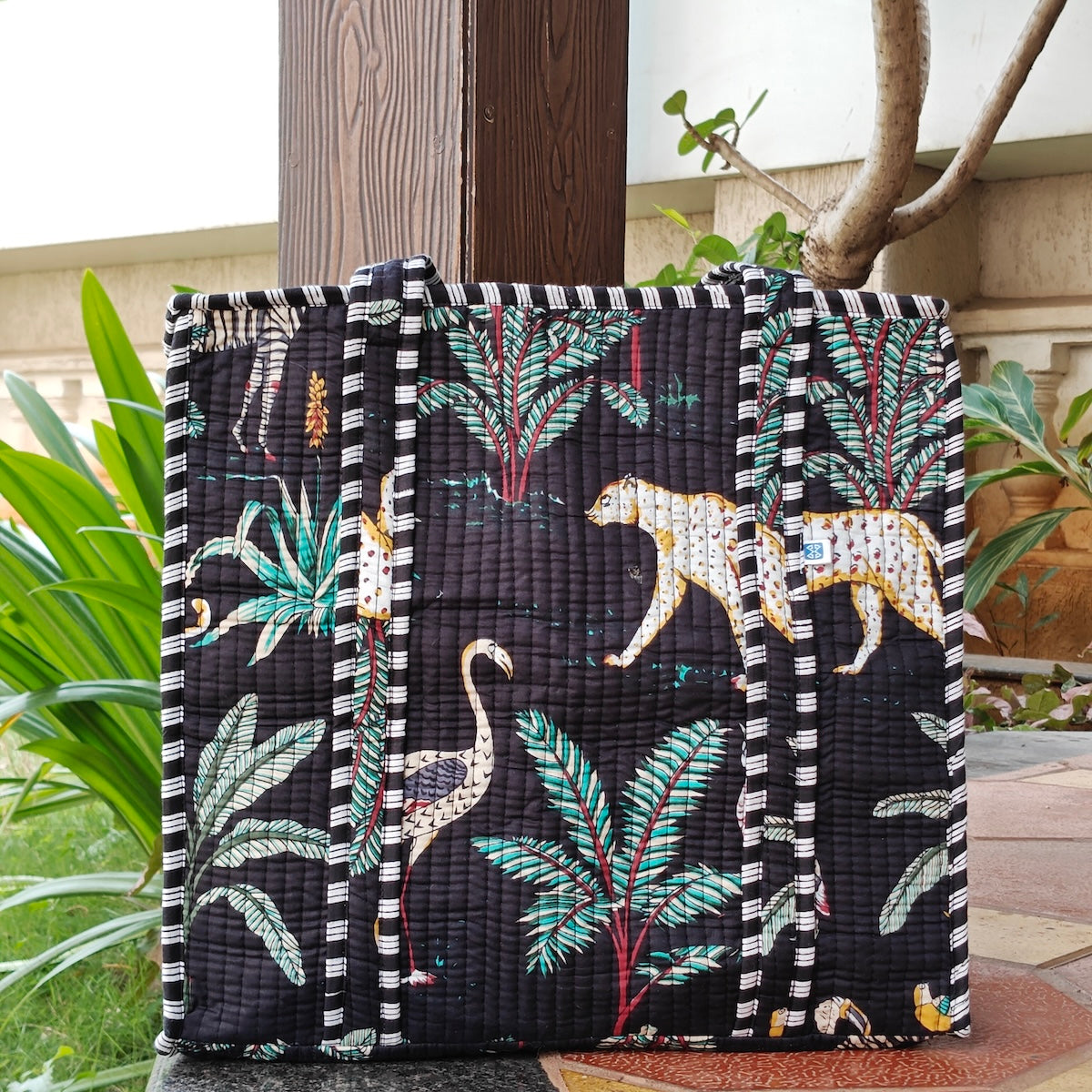 Hand Block Tropical Printed Quilted Tote Bag Black Size 16"x16"