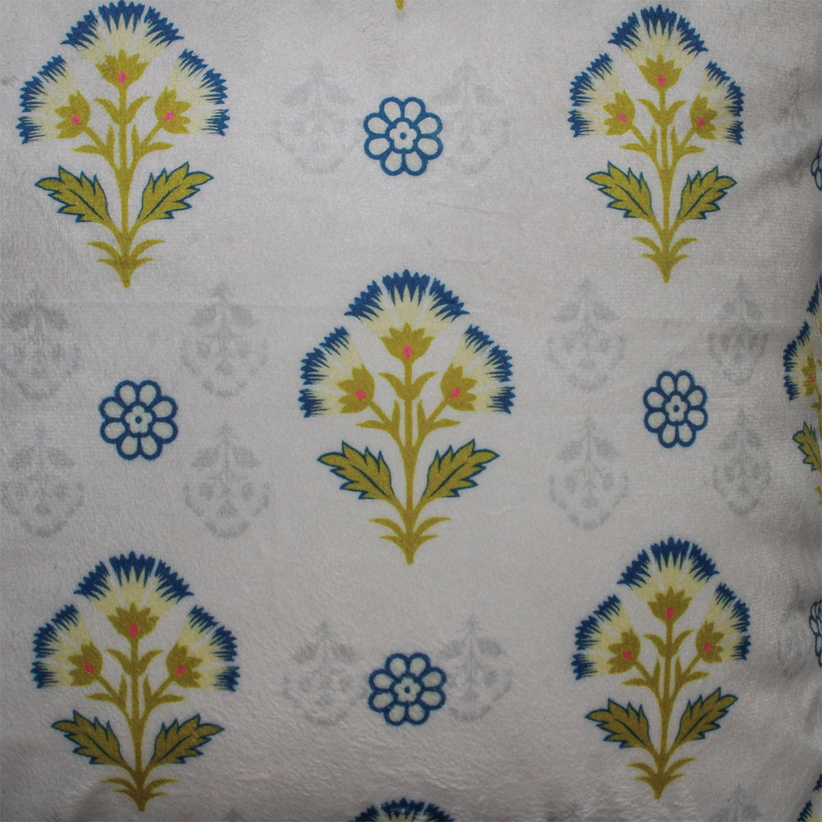 Mughal Motif Print Velvet Offwhite Blue Cushion Cover 16" x 16"