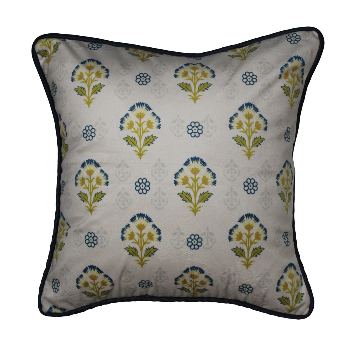 Mughal Motif Print Velvet Offwhite Blue Cushion Cover 16" x 16"