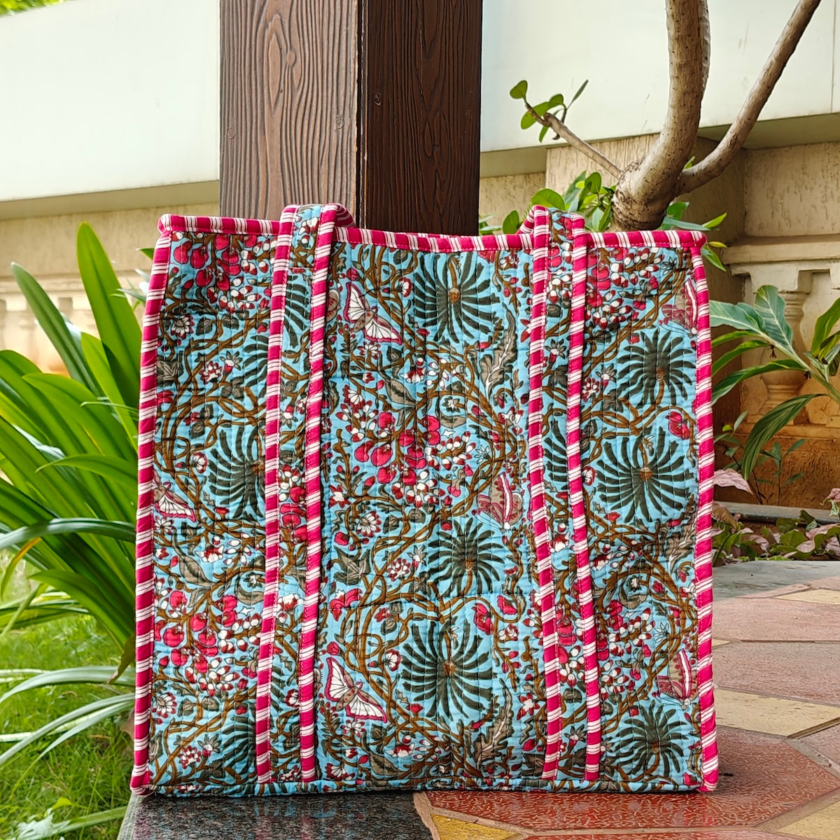 Hand Block Floral Printed Quilted Tote Bag Blue & Pink Size 16"x16"