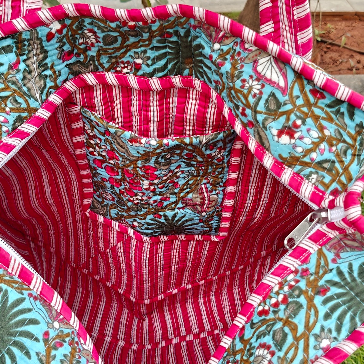 Hand Block Floral Printed Quilted Tote Bag Blue & Pink Size 16"x16"