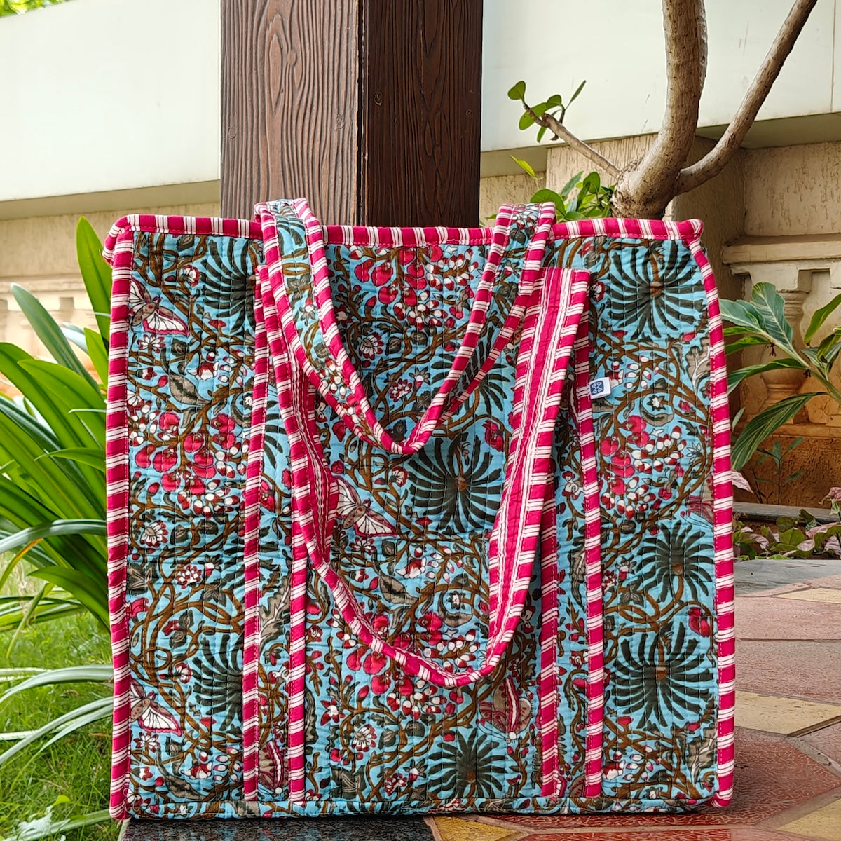 Hand Block Floral Printed Quilted Tote Bag Blue & Pink Size 16"x16"