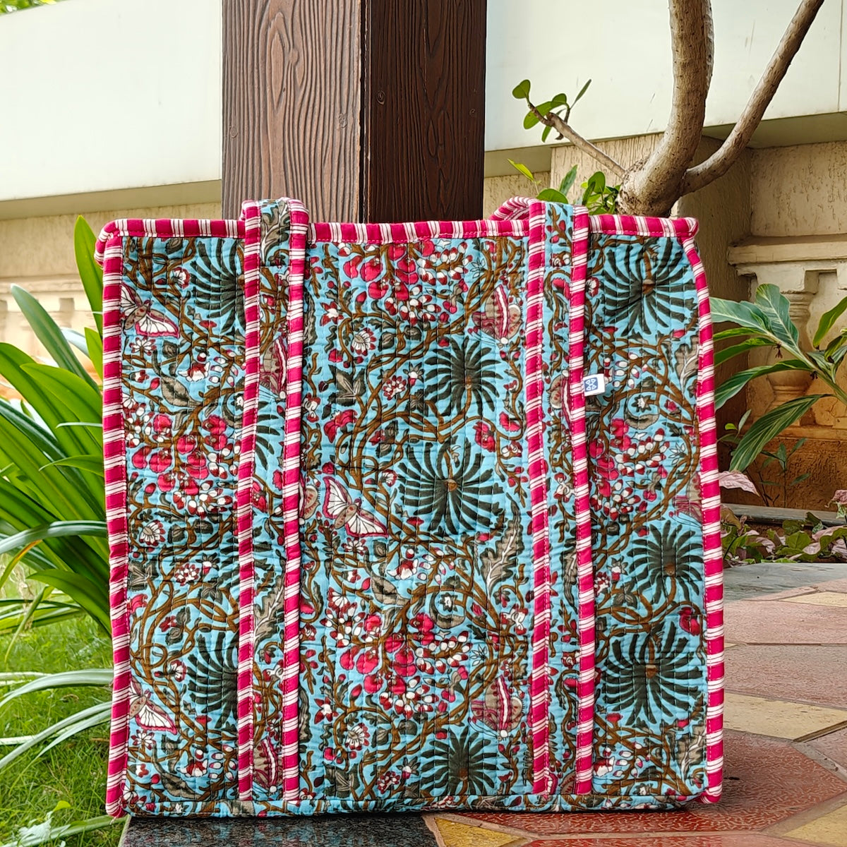 Hand Block Floral Printed Quilted Tote Bag Blue & Pink Size 16"x16"