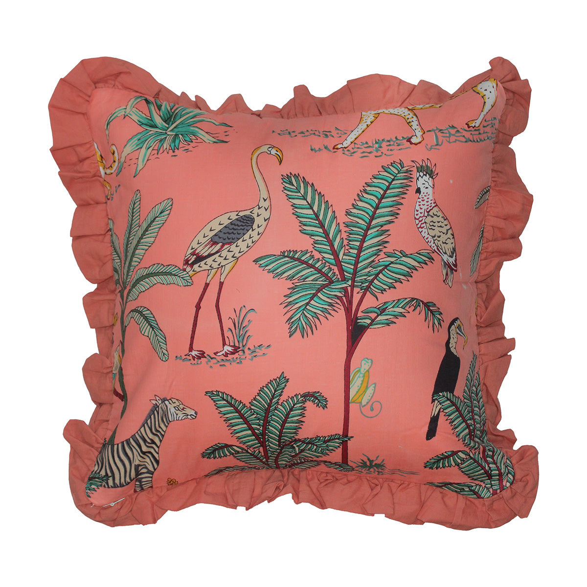 Wild Tropica Print Solid Peach Frill Reversible Cotton Cushion Cover Size 16"x16" Set of 2