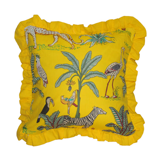 Wild Tropica Print Solid Yellow Frill Reversible Cotton Cushion Cover Size 16"x16" Set of 2