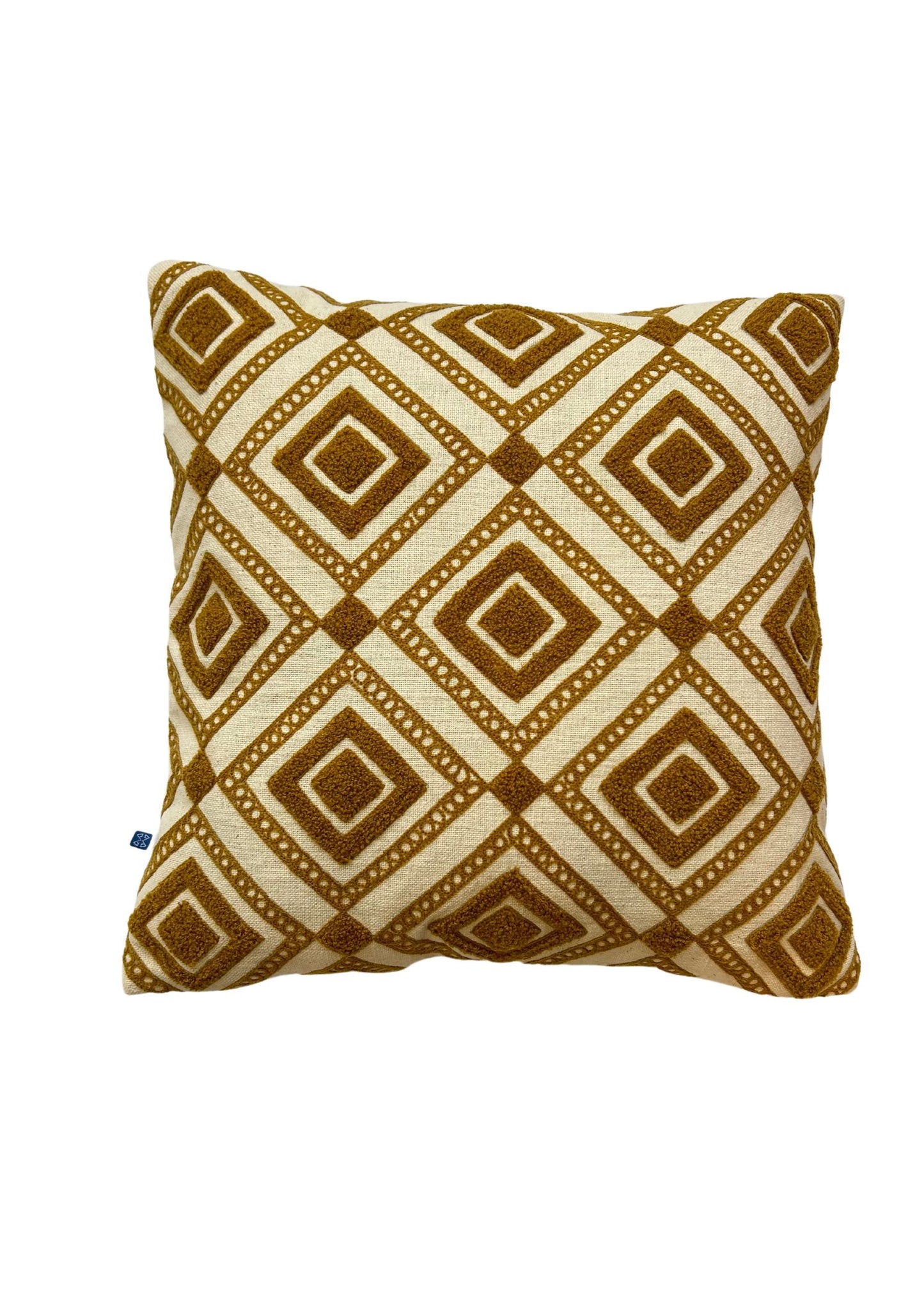 Hand Embroidery Aztec Diamonds Mustard Cotton Slub Cushion Cover Size 16"x16"