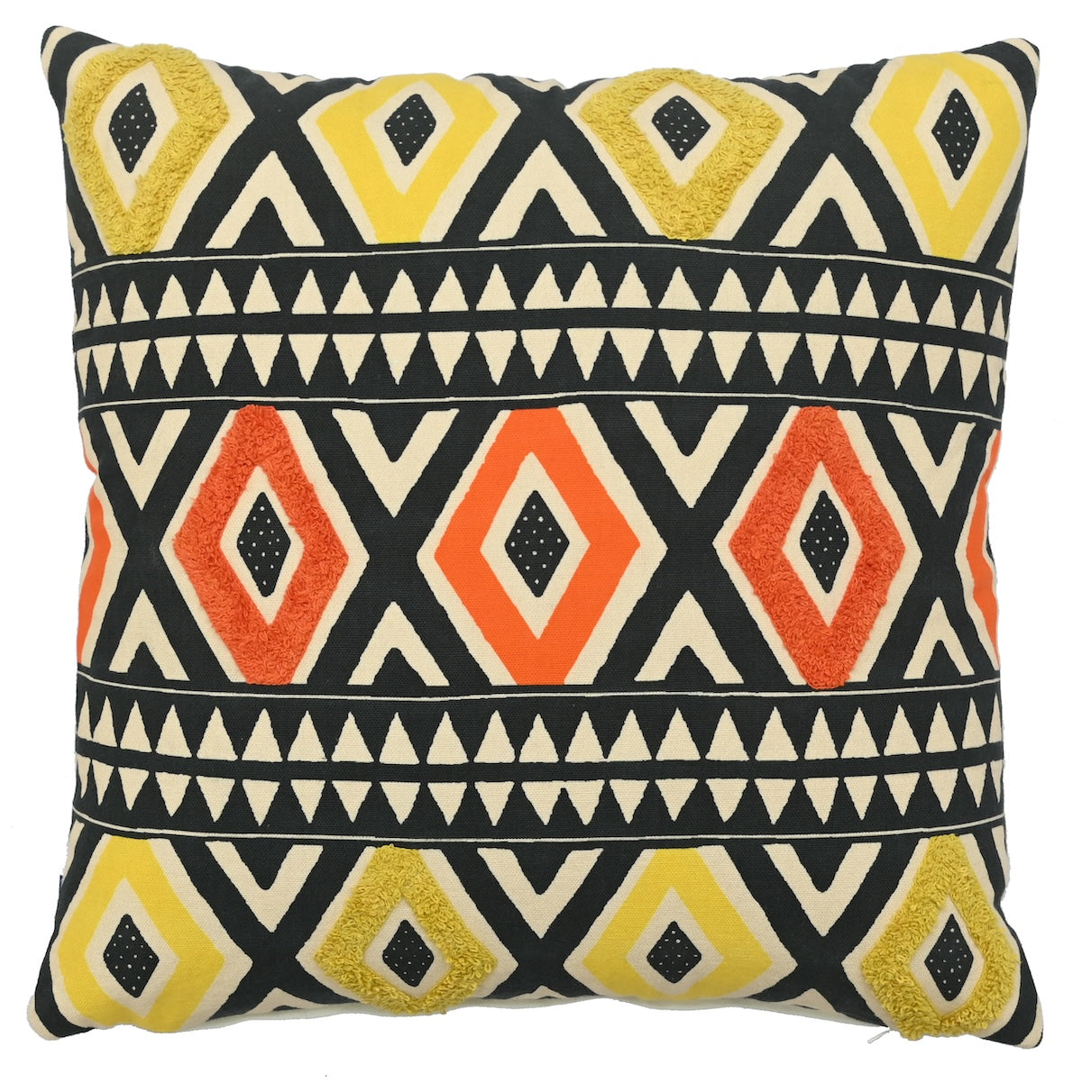 Bright Aztec Diamonds Hand Embroidery and Print Multicolour Cotton Cushion Cover Size 16"x16"