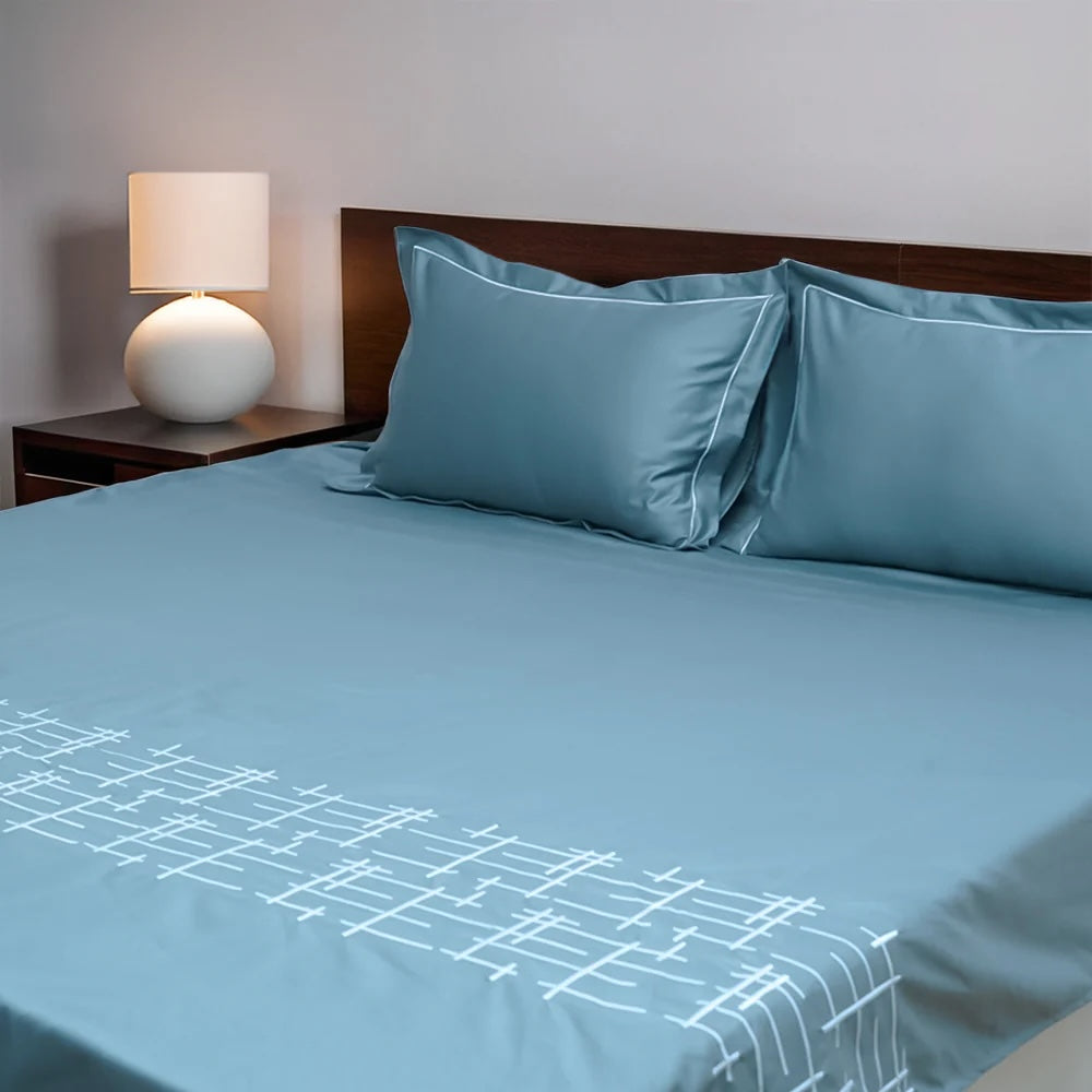 Art Imperial Grid 100% Cotton Embroidered Flat Bed Sheet – 400 TC – 90" x 108"