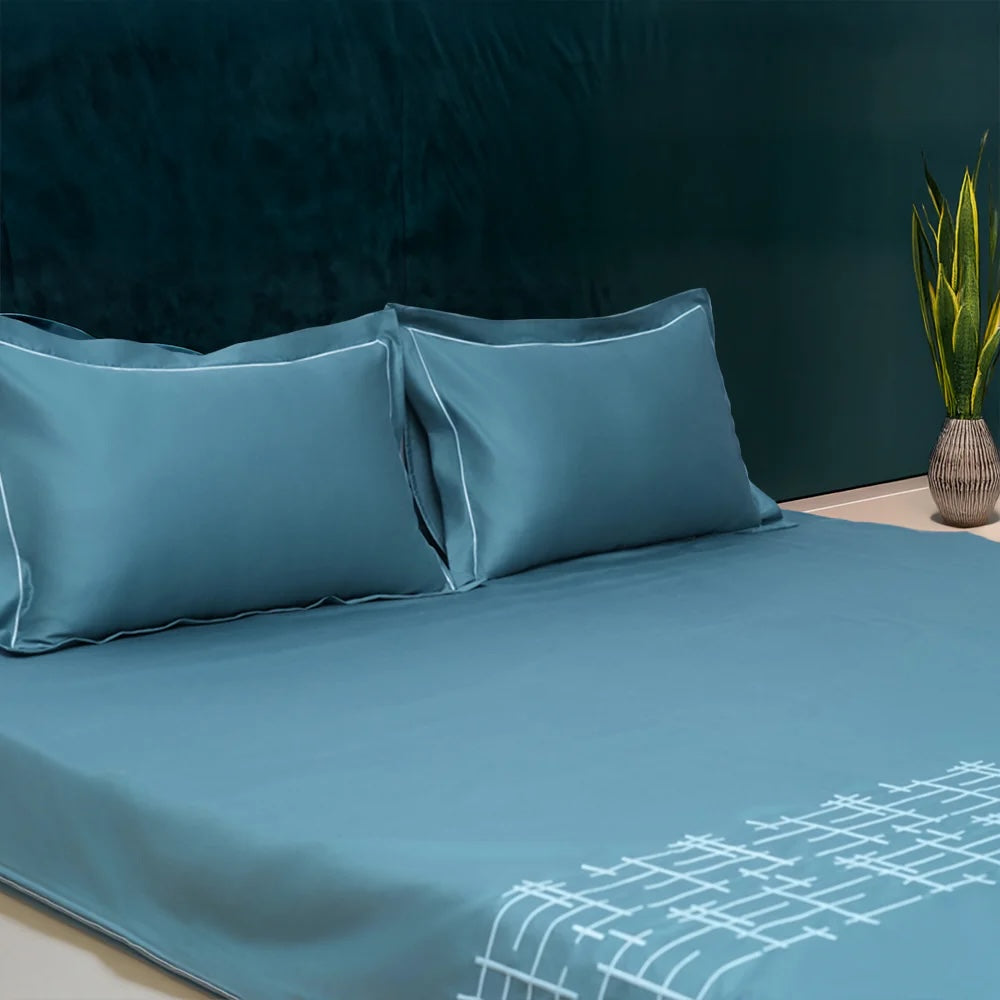 Art Imperial Grid 100% Cotton Embroidered Flat Bed Sheet – 400 TC – 90" x 108"