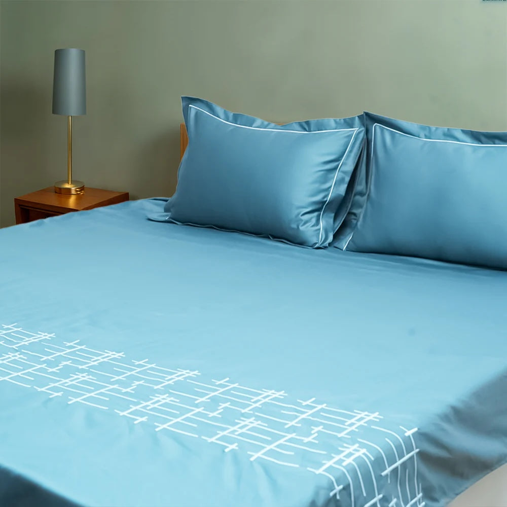 Art Imperial Grid 100% Cotton Embroidered Flat Bed Sheet – 400 TC – 90" x 108"