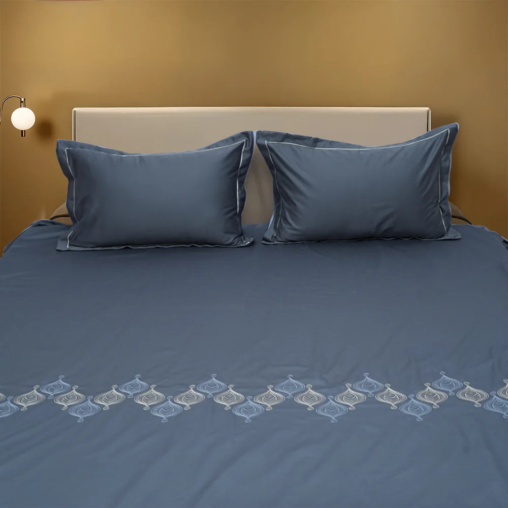 Art Midnight Royal 100% Cotton Embroidered Flat Bed Sheet – 400 TC – 90" x 108"
