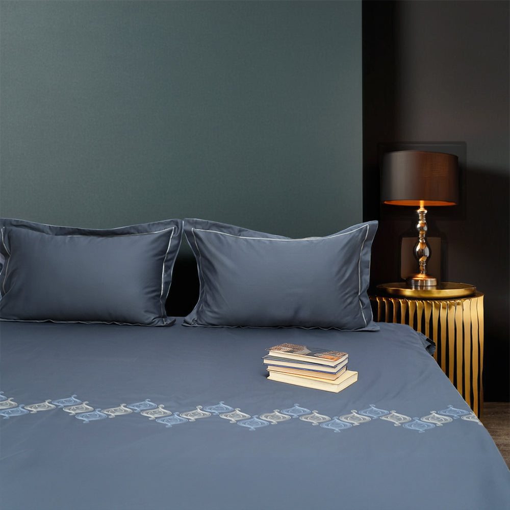 Art Midnight Royal 100% Cotton Embroidered Flat Bed Sheet – 400 TC – 90" x 108"