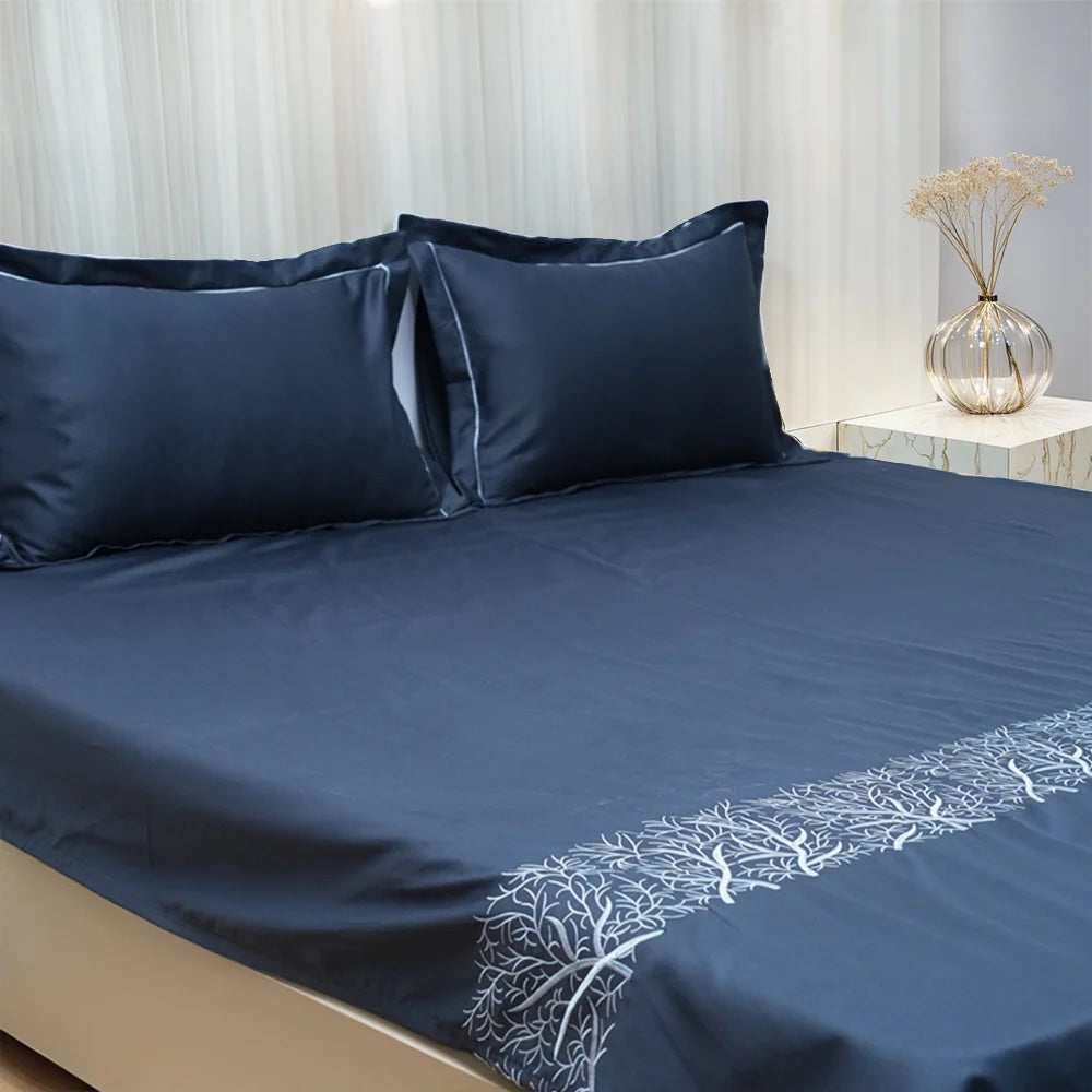 Art Noir Botanica 100% Cotton Embroidered Flat Bed Sheet – 400 TC – 90" x 108"