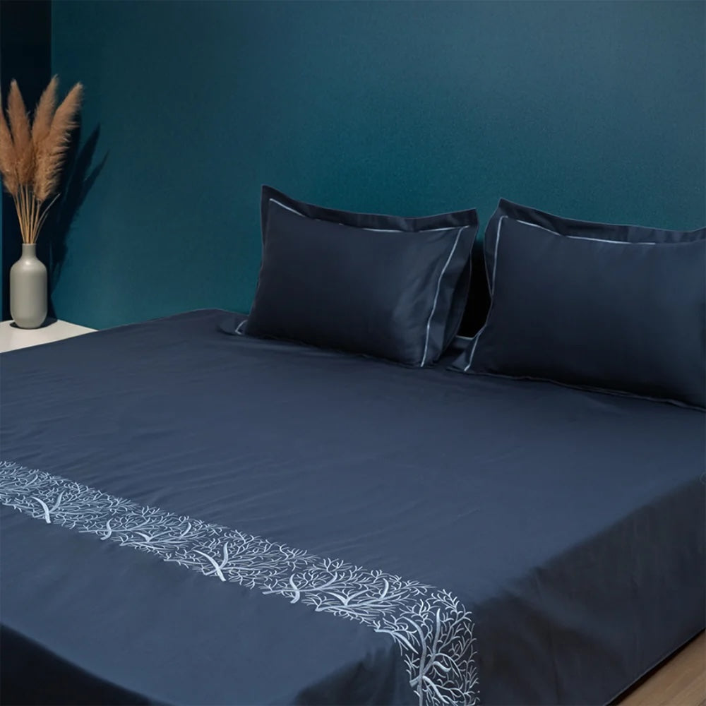 Art Noir Botanica 100% Cotton Embroidered Flat Bed Sheet – 400 TC – 90" x 108"