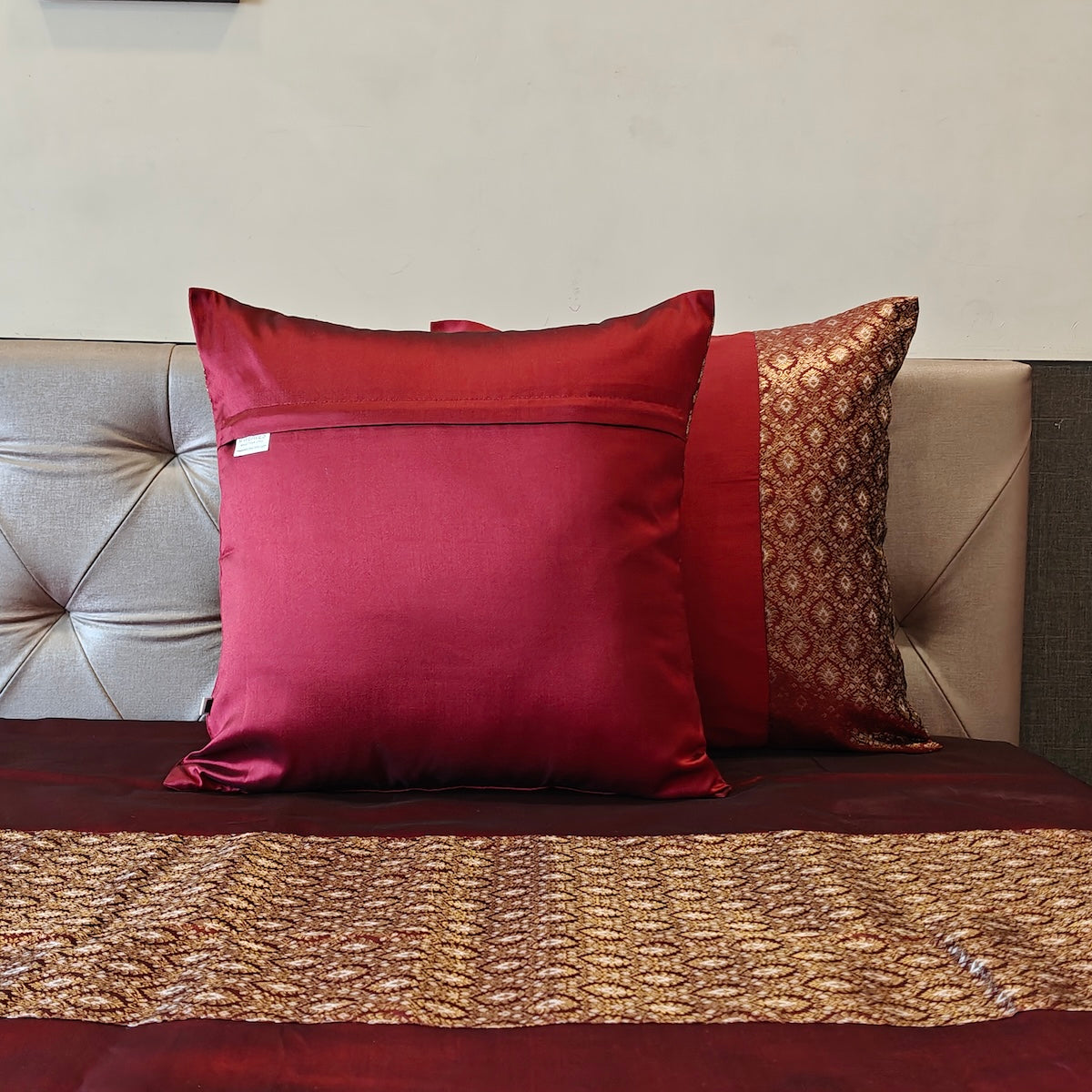 Luxe Maroon Banarasi Brocade Bedcover & Cushion Cover Set