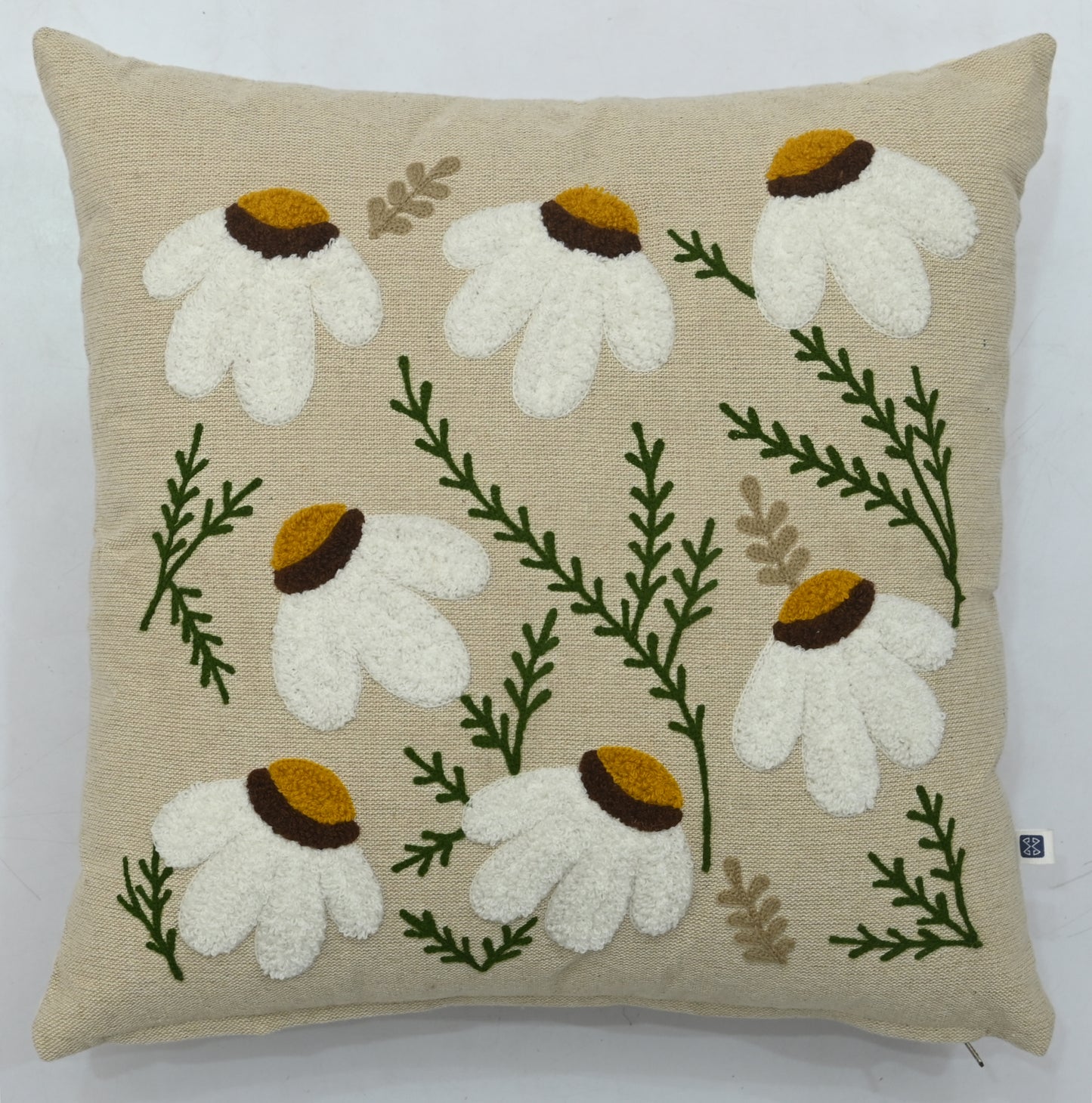 Hand Embroidery Aster Light Brown Cotton Cushion Cover Size 16"x16"