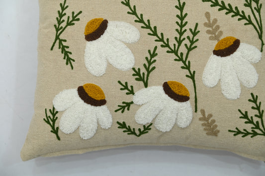 Hand Embroidery Aster Light Brown Cotton Cushion Cover Size 16"x16"
