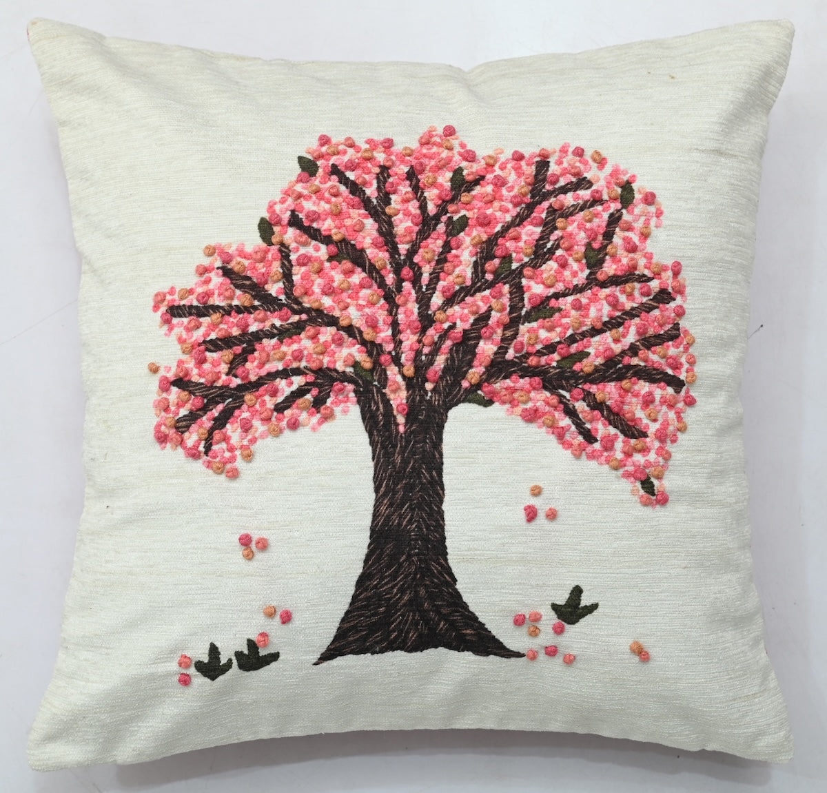 Tree of Life Hand Knot Embroidery and Print Art Silk Cheneil Weave Offwhite and Pink Cushion Cover Size 16"x16"