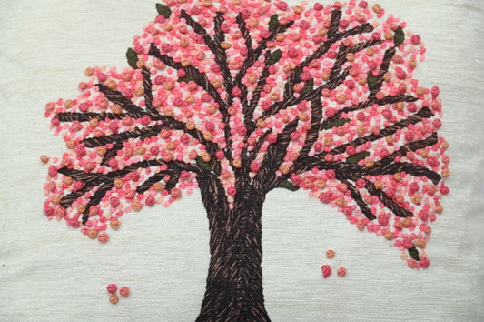 Tree of Life Hand Knot Embroidery and Print Art Silk Cheneil Weave Offwhite and Pink Cushion Cover Size 16"x16"