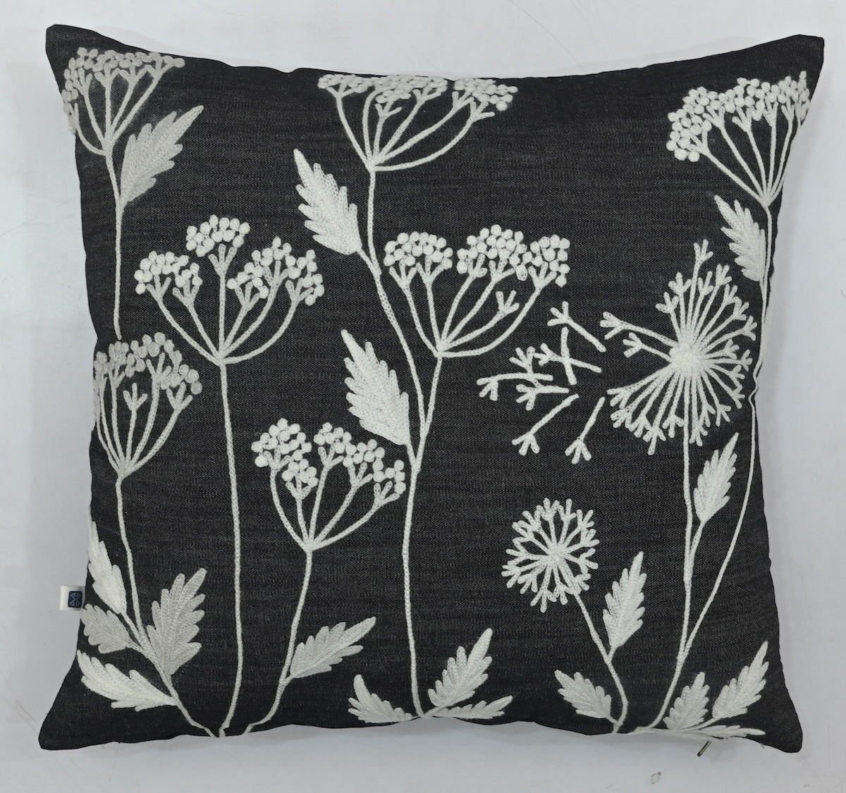Aari Embroidered White Spring Blossom Design Black Denim Cushion Cover Size 16"x16"