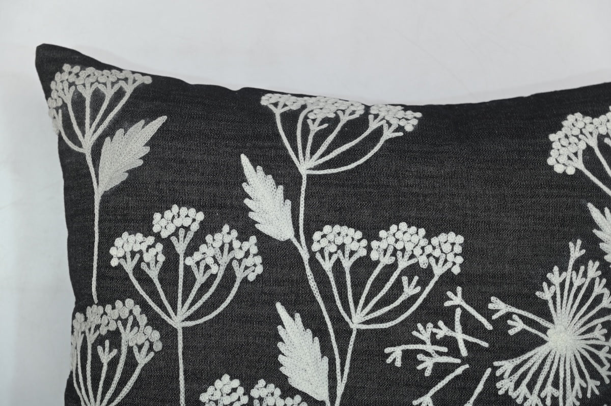 Aari Embroidered White Spring Blossom Design Black Denim Cushion Cover Size 16"x16"