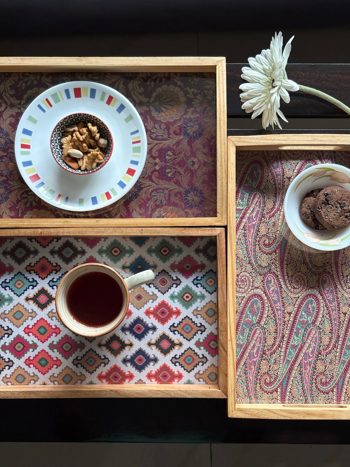 Handcrafted Traditional Festive Gul Ambi Brocade Upcycled Fabric Wooden Rectangular Tray – 14" x 8.5"