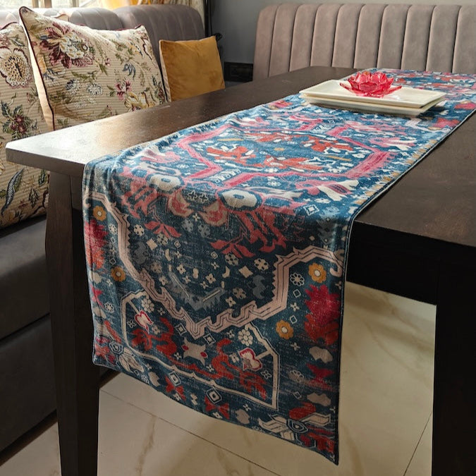 Decorative Carpet Design Printed Bright Blue Velvet Table Runner 6 Seater Size 14"x72"