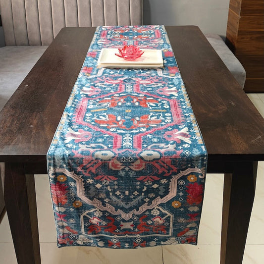 Decorative Carpet Design Printed Bright Blue Velvet Table Runner 6 Seater Size 14"x72"
