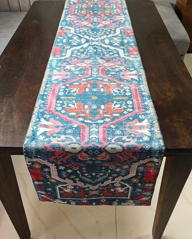 Decorative Carpet Design Printed Bright Blue Velvet Table Runner 6 Seater Size 14"x72"