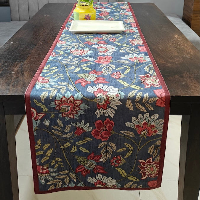 Decorative Floral Blossom Printed Denim Blue Velvet Table Runner 6 Seater Size 14" x 72"
