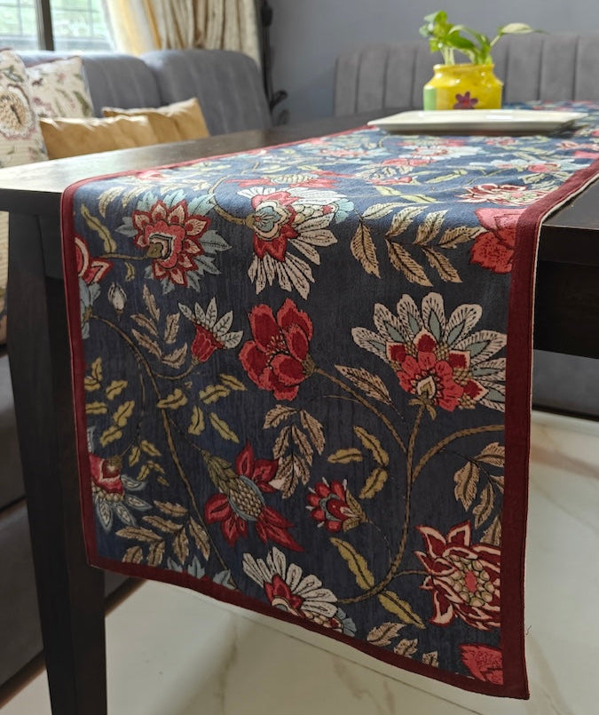 Decorative Floral Blossom Printed Denim Blue Velvet Table Runner 6 Seater Size 14" x 72"