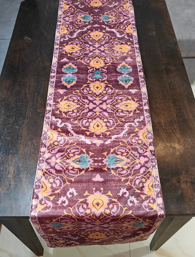 Decorative Carpet Design Print Wine Velvet Table Runner 6 Seater Size 14"x72"