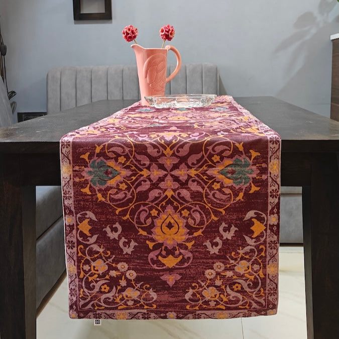 Decorative Carpet Design Print Wine Velvet Table Runner 6 Seater Size 14"x72"