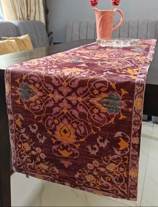 Decorative Carpet Design Print Wine Velvet Table Runner 6 Seater Size 14"x72"