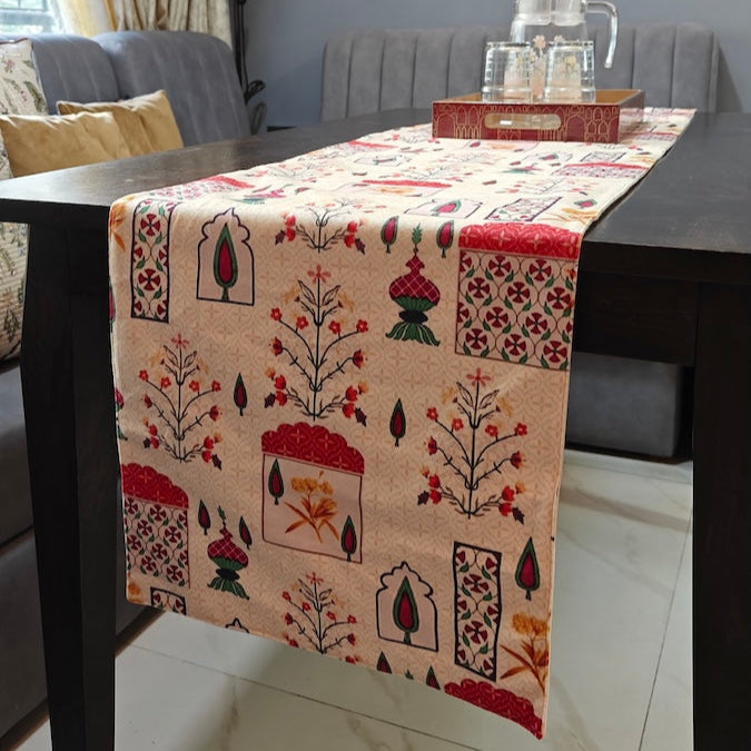 Decorative Mughal Motif Print Cream Velvet Table Runner 6 Seater Size 14" x 72"